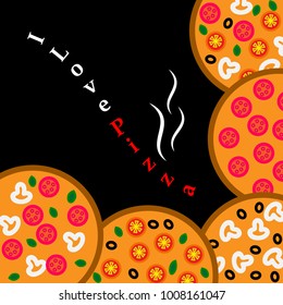 Vector logo illustration pizzeria menu,sliced triangle,whole hot pizza slice.Pizza on the wood board,the ingredients for the pizzeria on the chalkboard,Italian flag on background,pizzas slices in box.