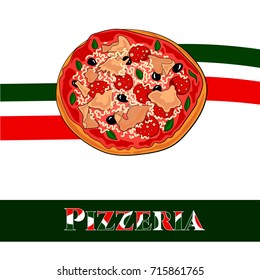 Vector logo illustration pizzeria menu,sliced triangle,whole hot pizza slice.Pizza on the wood board,the ingredients for the pizzeria on the chalkboard,Italian flag on background.