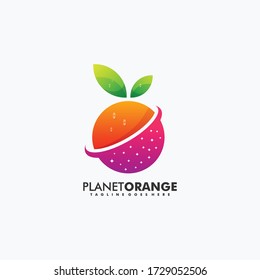 Vector Logo Illustration Planet und orange leuchtende Farbstil.