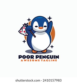 Vector Logo Illustration Poor Penguin Mascot Cartoon Style.