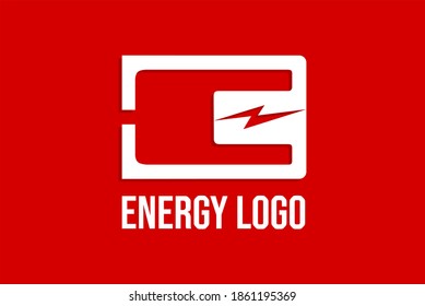 Vector logo with illustration of a power plug and lightning or thunder forming initial "E" or "C" in negative space. Usable for energy logos, applications, technology and general energy business