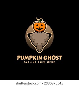 Vector Logo Illustration Pumpkin Ghost Mascot Cartoon Style.