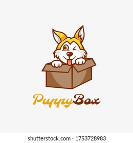Vector Logo Illustration Puppy Box Mascot Cartoon Style.