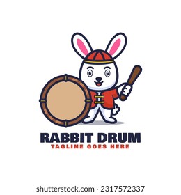 Vector Logo Illustration Rabbit Drum Mascot Cartoon Style.