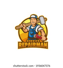 Vector Logo Illustration Repairman Mascot Cartoon Style.