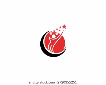Vector logo illustration representing human achievement, personal growth, and ambition. Featuring a silhouette of a person reaching for a star within a circular frame.