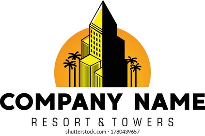 Ilustración del logotipo vectorial resort y logotipo de la empresa en torre
