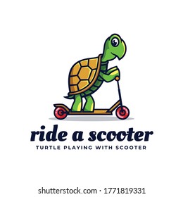 Vector Logo Illustration Ride A Scooter Simple Mascot Style.