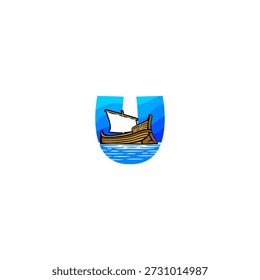 Vector logo illustration of a sailing boat on the ocean alphabet U letter. Ideal for marine branding, nautical logos, travel identity, yacht clubs, ocean themes, typography design, and creative visual projects.