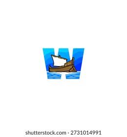 Ilustración del logotipo del Vector de un velero en la letra W del alfabeto del océano. Ideal para la marca marina, logotipos náuticos, identidad de viaje, clubes náuticos, temas oceánicos, diseño de tipografía y proyectos visuales creativos.