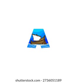 Vector logo illustration of a sailing boat on the ocean alphabet A letter. Ideal for marine branding, nautical logos, travel identity, yacht clubs, ocean themes, typography design, and creative visual projects.