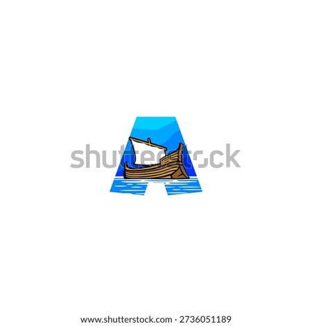 Vector logo illustration of a sailing boat on the ocean alphabet A letter. Ideal for marine branding, nautical logos, travel identity, yacht clubs, ocean themes, typography design, and creative visual projects.