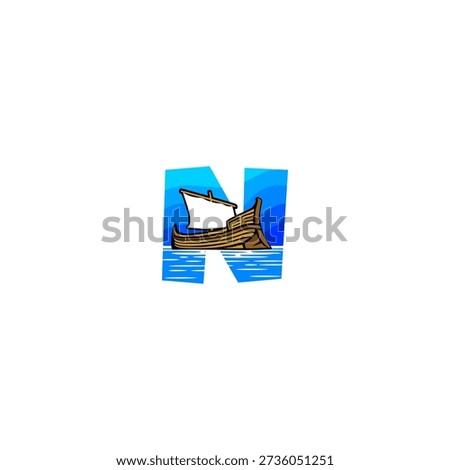 Vector logo illustration of a sailing boat on the ocean alphabet N letter. Ideal for marine branding, nautical logos, travel identity, yacht clubs, ocean themes, typography design, and creative visual projects.
