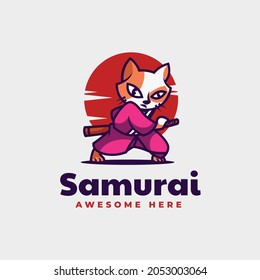 Vector Logo Illustration Samurai Cat Mascot Cartoon Style.