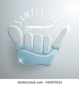 vector logo illustration. Shaka and surf symbol. Summer water sport game emblem. Sports club or championship symbol.