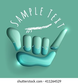 vector logo illustration. Shaka and surf symbol. Summer water sport game emblem. Sport club or championship symbol.