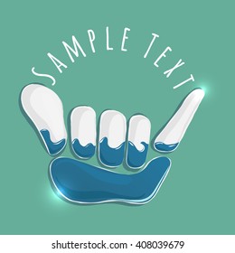 vector logo illustration. Shaka symbol. Summer water sport game emblem. Sportsclub or championship symbol.