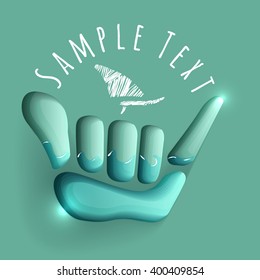 vector logo illustration. Shaka and windsurf symbol. Summer water sport game emblem. Sportsclub or championship symbol.