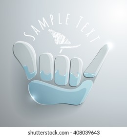 vector logo illustration. Shaka and windsurf symbol. Summer water sport game emblem. Sport club or championship symbol.