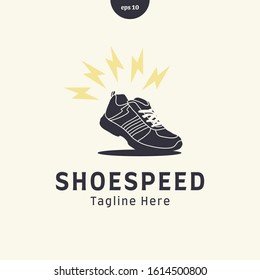 Vector Logo Illustration. Shoes and lightning. flat style. black solid and gold . eps10