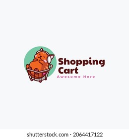 Vector Logo Illustration Shopping Cat Mascot Cartoon Style.