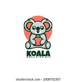 Vector Logo Illustration Shopping Koala Mascot Cartoon Style.