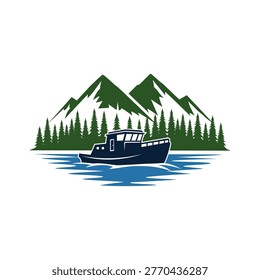 vector logo illustration showing a dark navy cabin boat cruising on stylized blue water with white wave highlights. Behind the boat is a dense forest of dark green pine trees