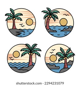 ilustración del logo vectorial simple lindo y moderno de la playa y montaña de la naturaleza en forma de círculo