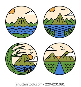 vector logo illustration simple cute and modern of nature beach and mountain in the shape of a circle