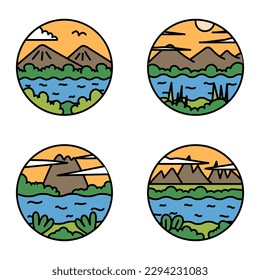 vector logo illustration simple cute and modern of nature beach and mountain in the shape of a circle