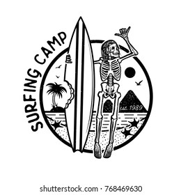 Vector Logo Illustration with Skeleton Surfer. Vintage Surfing Emblem for web design or print. Surfer logo templates. Surf Badge. Surfboard elements.