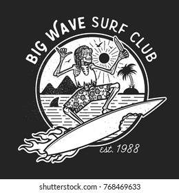 Vector Logo Illustration with Skeleton Surfer. Vintage Surfing Emblem for web design or print. Surfer logo templates. Surf Badge. Surfboard elements.