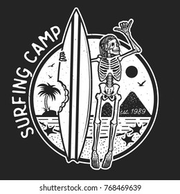 Vector Logo Illustration with Skeleton Surfer. Vintage Surfing Emblem for web design or print. Surfer logo templates. Surf Badge. Surfboard elements.