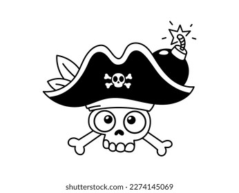 Vector logo illustration of skull of pirate in a captain hat with burning bomb on white color background. Flat line art style design of pirate for web, banner, poster, print, game logotype