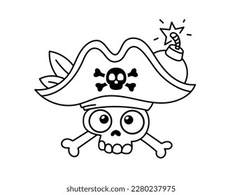 Vector logo illustration of skull of pirate in a captain hat with burning bomb on white color background. Flat line art style design of pirate logotype for web, banner, poster, print, game logotype