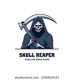 Vector Logo Illustration Skull Reaper Mascot Cartoon Style.