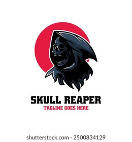 Vector Logo Illustration Skull Reaper Mascot Cartoon Style.