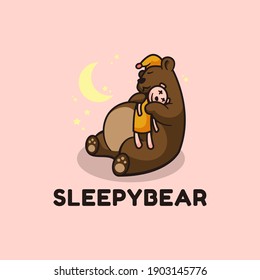Vector Logo Illustration Sleepy Bear Simple Mascot Style.