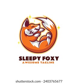 Vector Logo Illustration Sleepy Fox Simple Mascot Style.