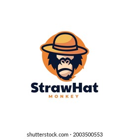 Vector Logo Illustration Straw Hat Monkey Mascot Cartoon Style.