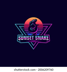 Vector Logo Illustration Sunset Snake 80s Style.