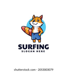 Vector Logo Illustration Surfing Fox Mascot Cartoon Style.