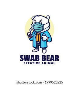 Vector Logo Illustration Swab Test Bear Mascot Cartoon Style.
