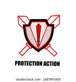 Logo der Vektorillustration Illustration von Schwert und Schutzschild