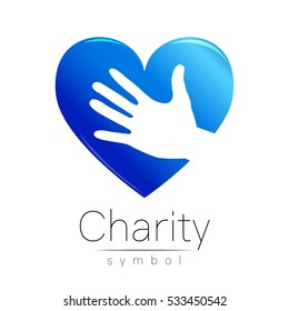 Vector logo illustration. Symbol of Charity. Sign hand heart isolated on white background.Blue Icon company, web, card. Modern bright element. Charity for orphans Help kids campaign. Logotype
