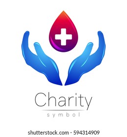 Vector Logo  illustration. Symbol of Charity. Sign hand isolated on white background.Blue Icon company, web, card, print, logotype. Modern bright element. orphans Help care blood.