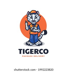 Vector Logo Illustration Tiger Delivery Mascot Cartoon Style.