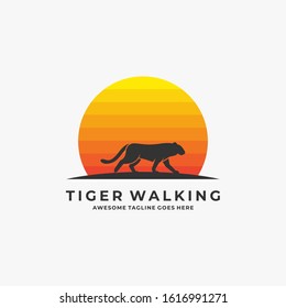 Vector Logo Illustration Tiger Walking With Sunset Silhouette
