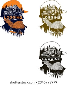 Vector logo, illustration for the timber industry. Logging, logging truck, lumberjack