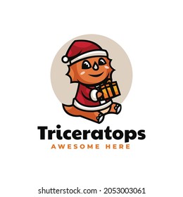 Vector Logo Illustration Triceratops Christmas Mascot Cartoon Style.